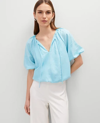 Ann Taylor Linen Blend Bubble Hem Blouse Gulf Stream Blue Women's