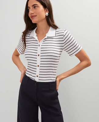 Ann Taylor Petite Weekend Collection Striped Polo Shirt White/Navy Women's