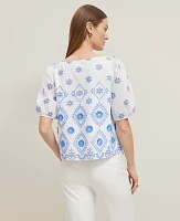 Ann Taylor Geo Embroidered Boatneck Popover Top Blue Women's
