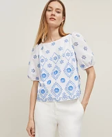 Ann Taylor Geo Embroidered Boatneck Popover Top Blue Women's