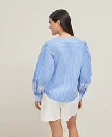 Ann Taylor Petite Striped Embroidered V-Neck Popover Top Blue / White Women's