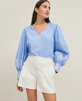 Ann Taylor Petite Striped Embroidered V-Neck Popover Top Blue / White Women's