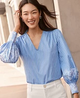 Ann Taylor Petite Striped Embroidered V-Neck Popover Top Blue / White Women's