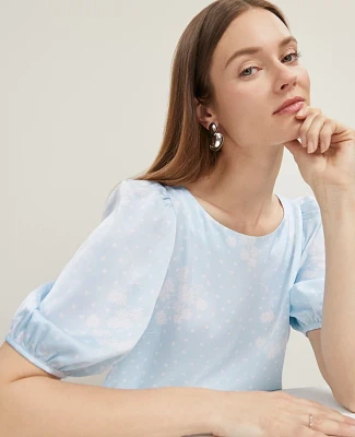 Ann Taylor Petite Floral Boatneck Popover Top Zephyr Blue B Women's