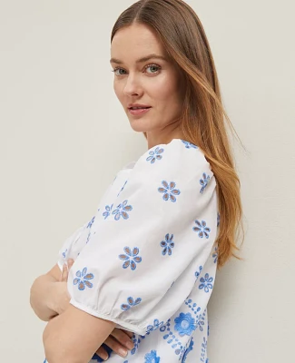 Ann Taylor Petite Geo Embroidered Boatneck Popover Top Blue Women's