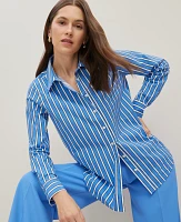 Ann Taylor Petite Striped Relaxed Perfect Shirt Size XS Maritime Blue Women's