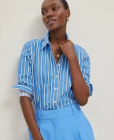 Ann Taylor Petite Striped Relaxed Perfect Shirt Size XS Maritime Blue Women's
