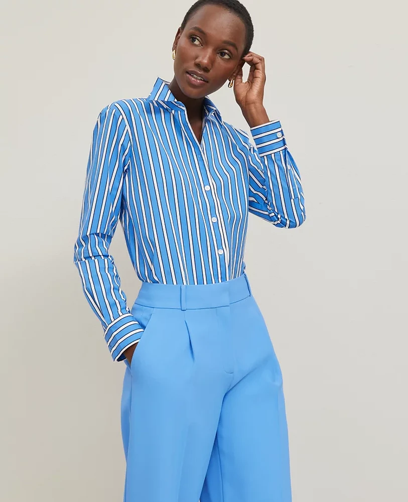 Ann Taylor Petite Striped Relaxed Perfect Shirt Size XS Maritime Blue Women's