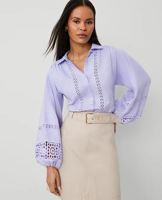 Ann Taylor Tall Embroidered Linen Puff Sleeve Blouse Lilac Bud Women's