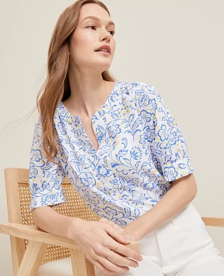 Ann Taylor Petite Paisley Floral Half Sleeve Popover Top White Women's