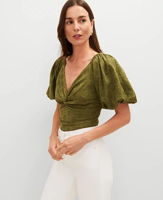 Ann Taylor Eyelet Knotted Tie Back Blouse Moss Green Women's