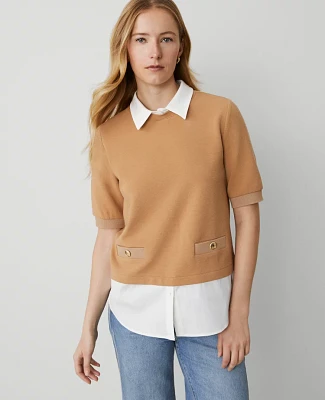 Ann Taylor Petite Layered Mixed Media Top Perfect Camel Women's