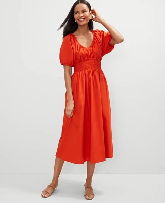 Ann Taylor Smocked Puff Sleeve Midi Dress Red Pepper Women's
