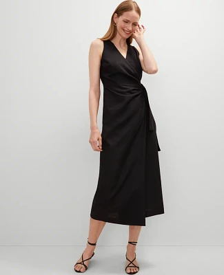 Ann Taylor Linen Blend V-Neck Wrap Dress Black Women's