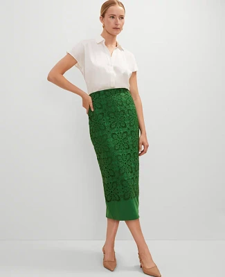 Ann Taylor Eyelet Column Midi Skirt Leafy Green Women's