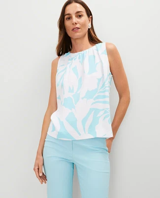 Ann Taylor Floral Mixed Media Gathered Top White-Gulf Stream Blue Women's
