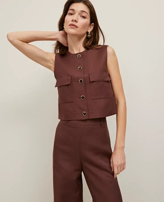 Ann Taylor Petite Linen-Blend Patch Pocket Vest Rich Walnut Women's