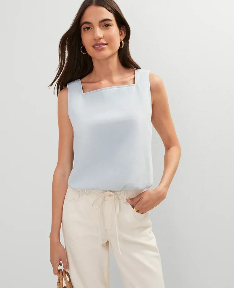 Ann Taylor Petite Weekend Collection Bubble Hem Top Size XL Light Wash Blue Chambray Women's