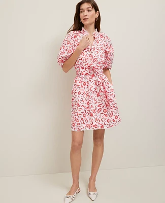 Ann Taylor Floral Ruffle Neck Flare Dress Fiery Red Women's