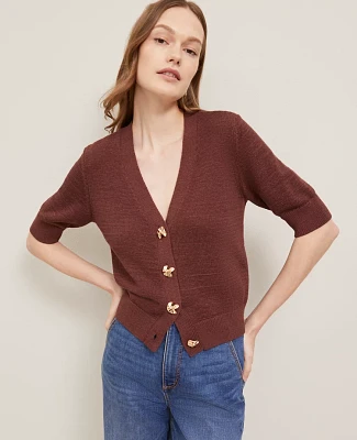 Ann Taylor Petite Novelty Button V-Neck Cardigan Size 2XS Rich Walnut Women's
