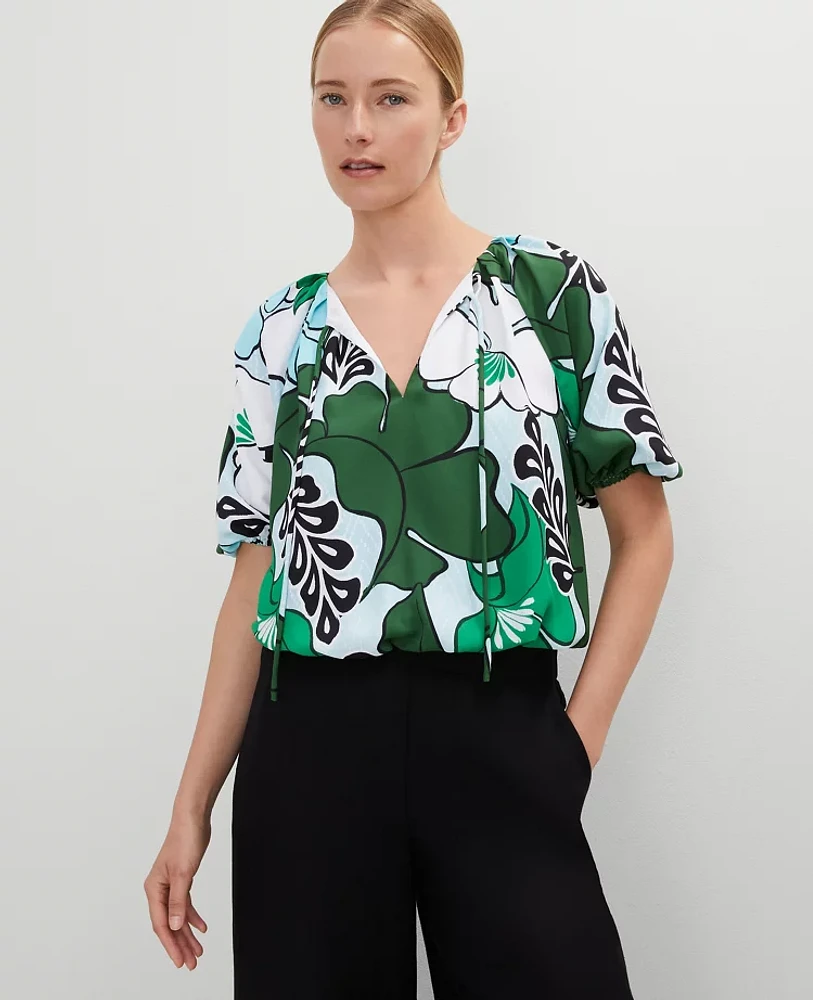 Ann Taylor Petite Tropical Bubble Hem Blouse Leafy Green Women's
