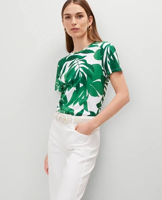 Ann Taylor Floral Crew Neck T-Shirt Leafy Green Women's