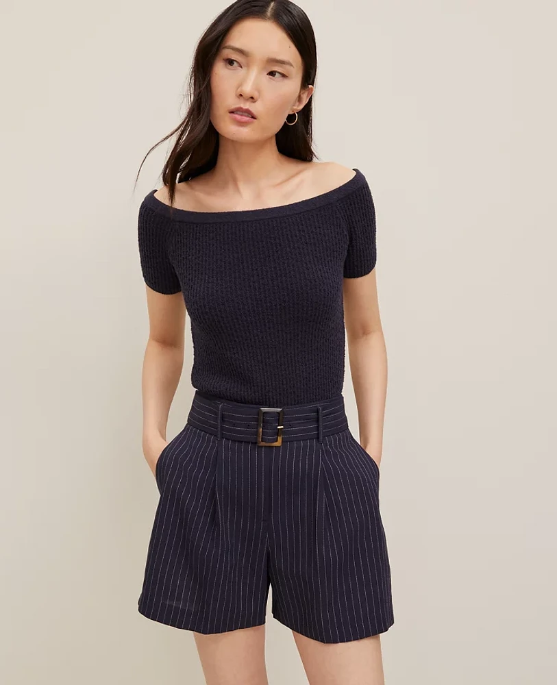 Ann Taylor The Petite Belted Short Pinstripe Night Sky Women's