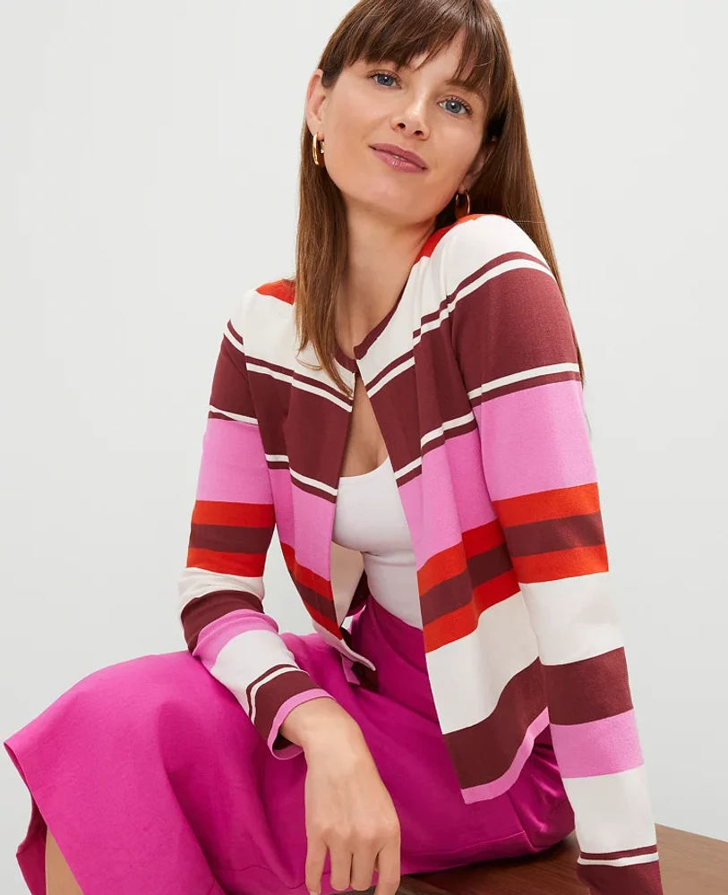 Ann Taylor Striped Open Cardigan Pink Orchid Women's