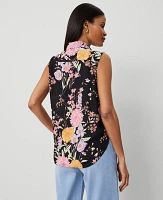 Ann Taylor Floral Shirred Sleeveless Shirt Black B Women's