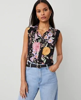 Ann Taylor Floral Shirred Sleeveless Shirt Black B Women's