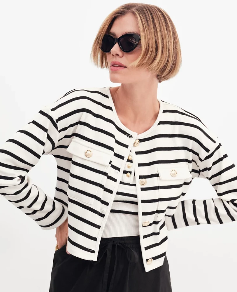 Ann Taylor Petite Weekend Collection Striped Knit Jacket Winter White - Black Women's