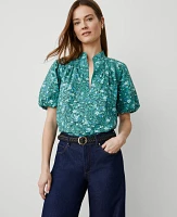 Ann Taylor Petite Floral Puff Sleeve Popover Top Mellow Mint Women's