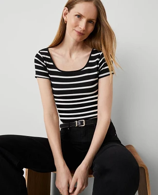 Ann Taylor Striped Square Neck T-Shirt Black Women's