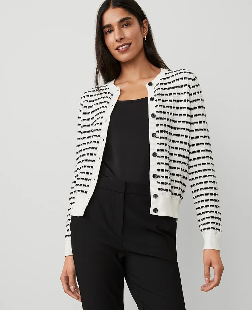 Ann Taylor Petite Striped Textured Ann Cardigan Size 2XS White/Black Multi Women's