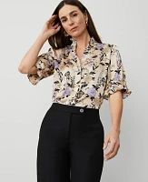 Ann Taylor Floral Ruffle Collar Blouse Toasted Oat Women's