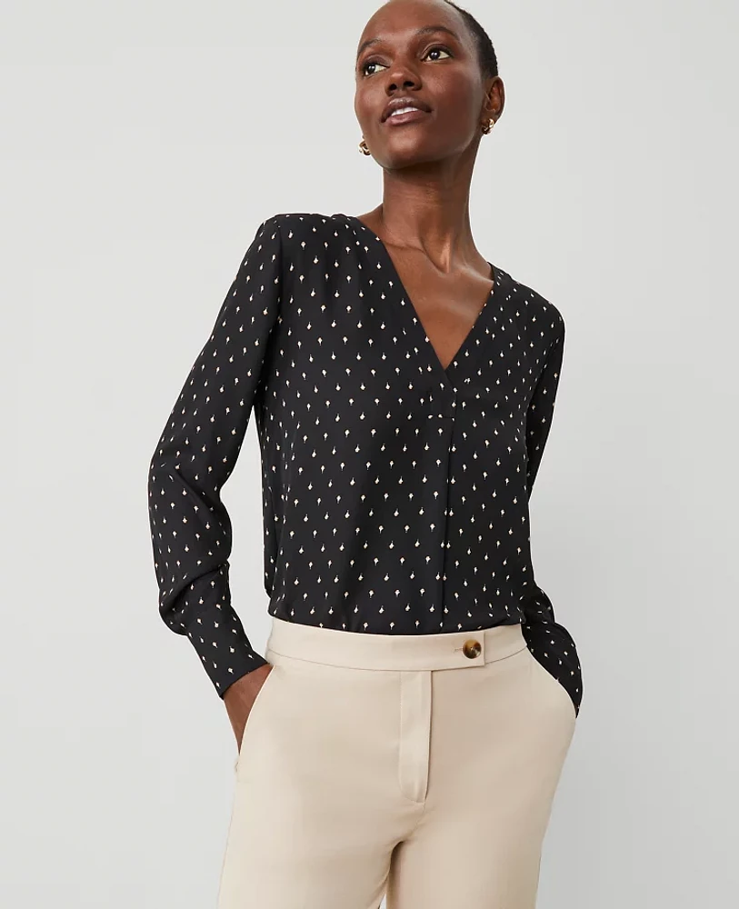 Ann Taylor Geo V-Neck Mixed Media Top Black Women's