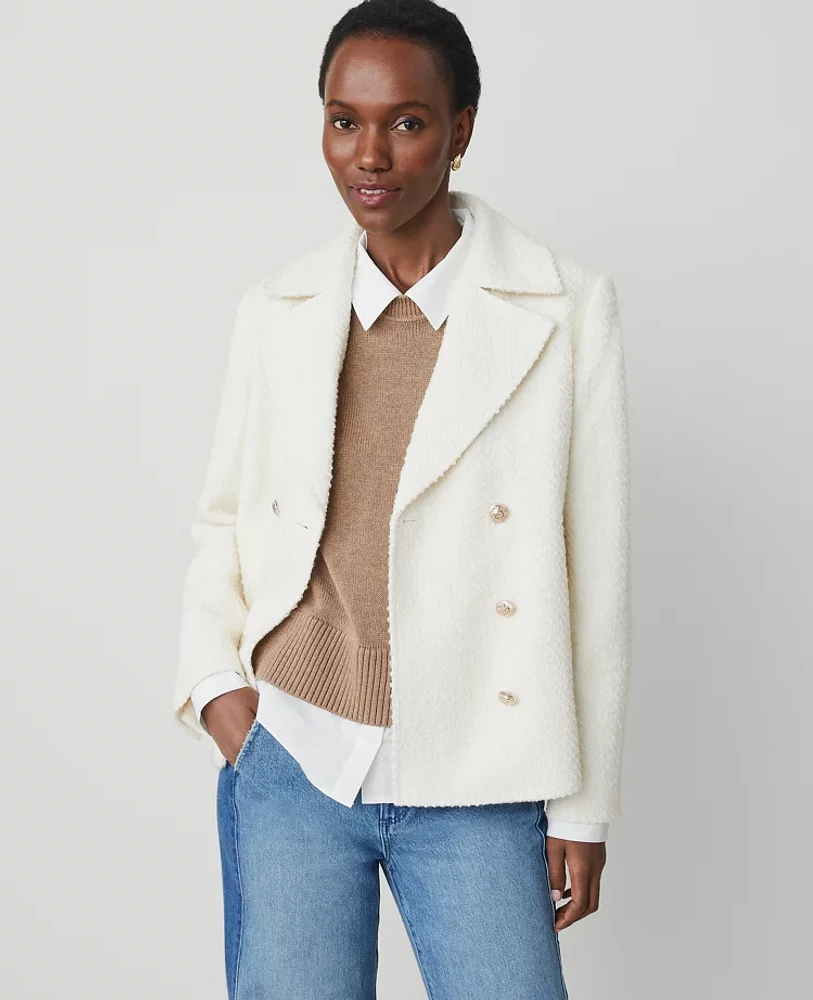 Ann Taylor Tweed Double-Breasted Peacoat Winter White Women's