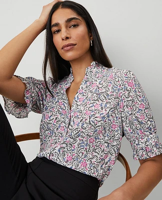 Ann Taylor Petite Floral Ruffle Collar Blouse Orchid Glow Women's