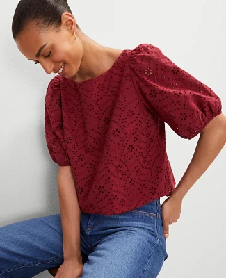 Ann Taylor Eyelet Boatneck Popover Top Moroccan Red Women's