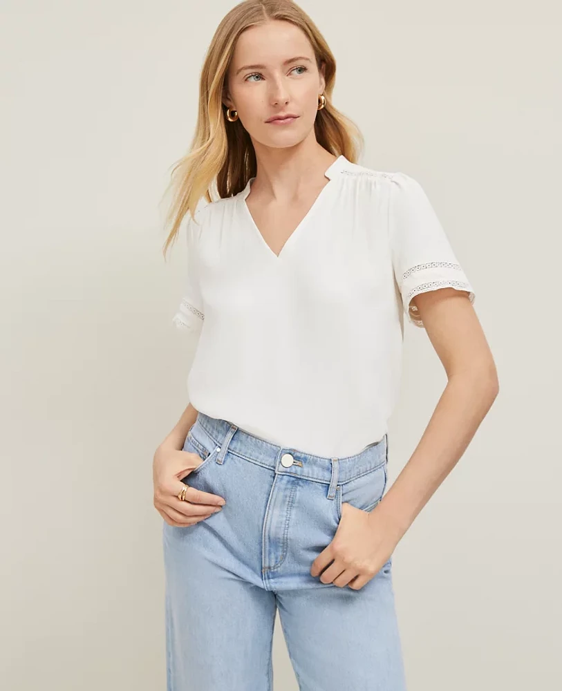 Ann Taylor Petite Lace Trim Mixed Media Top Women's