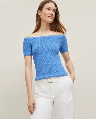 Ann Taylor Petite Textured Off-The-Shoulder Sweater Maritime Blue Women's