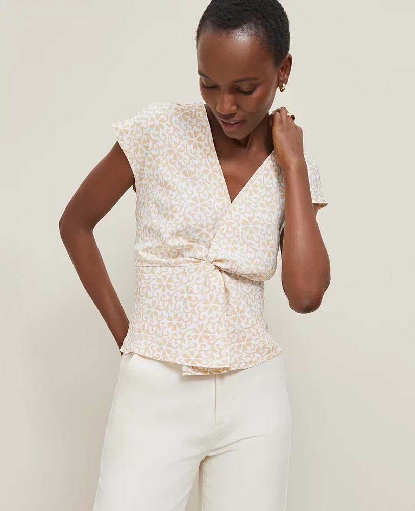 Ann Taylor Petite Floral Knotted V-Neck Top Sands Edge Women's