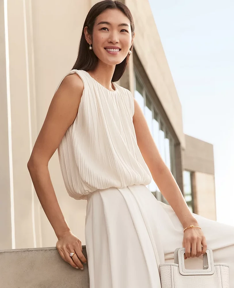 Ann Taylor Petite Pleated Bubble Hem Top Winter White Women's
