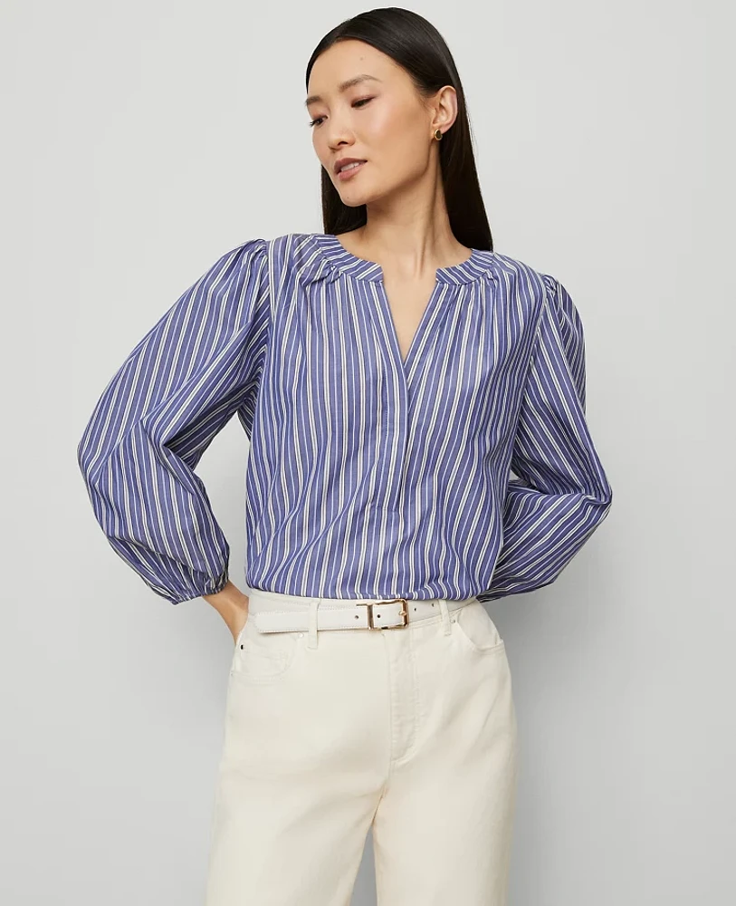 Ann Taylor Striped Puff Sleeve Blouse Shaded Periwinkle Women's