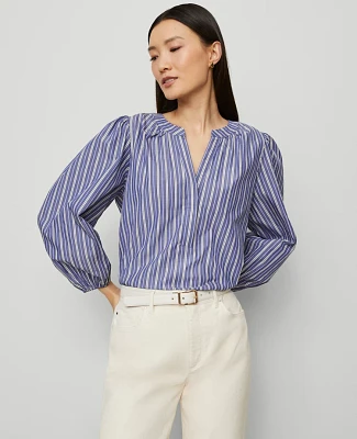 Ann Taylor Striped Puff Sleeve Blouse Shaded Periwinkle Women's