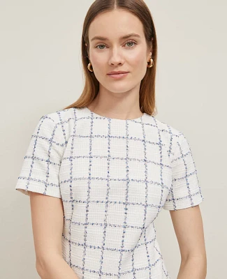 Ann Taylor Petite Plaid Tweed Button Pocket Dress Blue Glint Neutral Women's