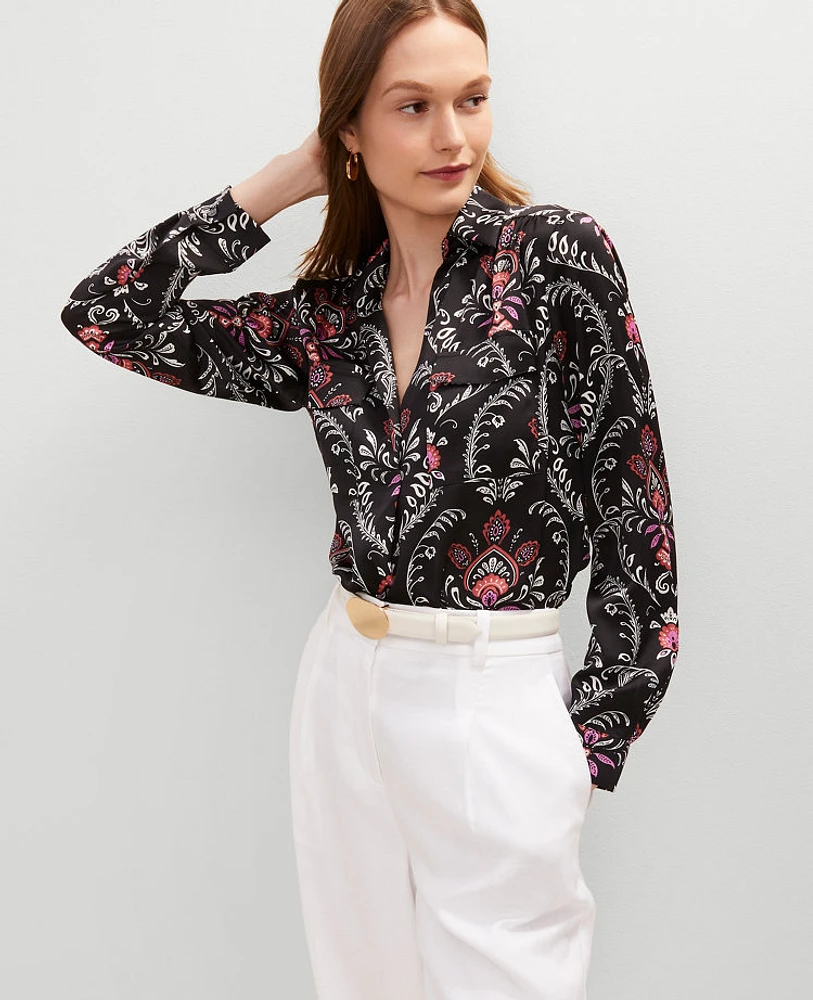 Ann Taylor Floral Camp Shirt Black Women's