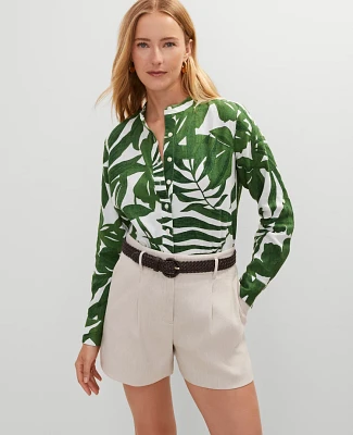 Ann Taylor Floral Linen Perfect Shirt Leafy Green Women's