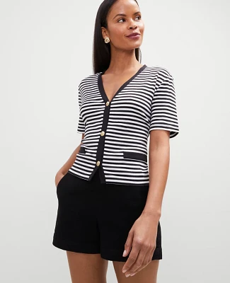 Ann Taylor Petite Striped Short Sleeve Cardigan Black/ White Stripe Women's