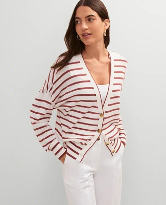 Ann Taylor Linen Blend Striped V-Neck Cardigan Size Large Red/White Multi Women's
